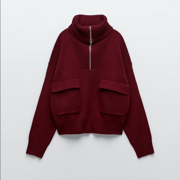 Zara Set - Burgundy Wool Blend Knit Zip Sweater & Mini Skirt - Picture 12 of 17